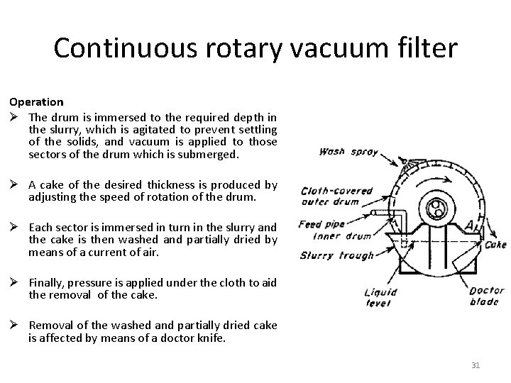 Continuous rotary vacuum filter Operation Ø The drum is immersed to the required depth