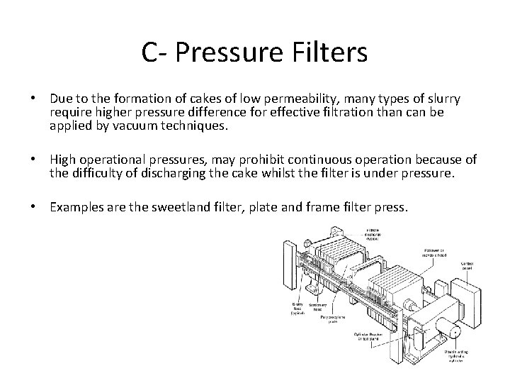 C- Pressure Filters • Due to the formation of cakes of low permeability, many