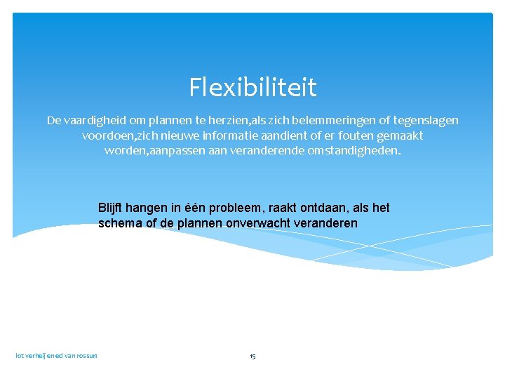 Flexibiliteit De vaardigheid om plannen te herzien, als zich belemmeringen of tegenslagen voordoen, zich