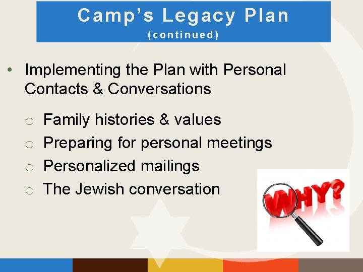 Camp’s Legacy Plan (continued) • Implementing the Plan with Personal Contacts & Conversations o