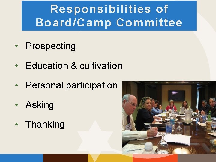 Responsibilities of Board/Camp Committee • Prospecting • Education & cultivation • Personal participation •