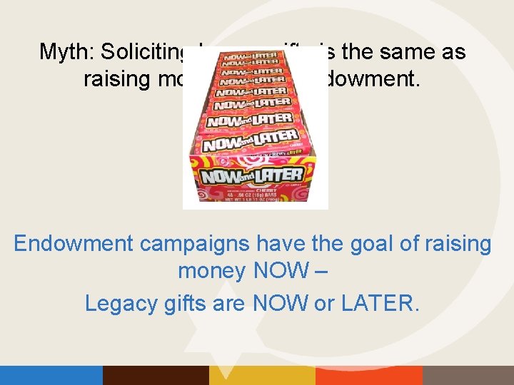 Myth: Soliciting legacy gifts is the same as raising money for an endowment. Endowment