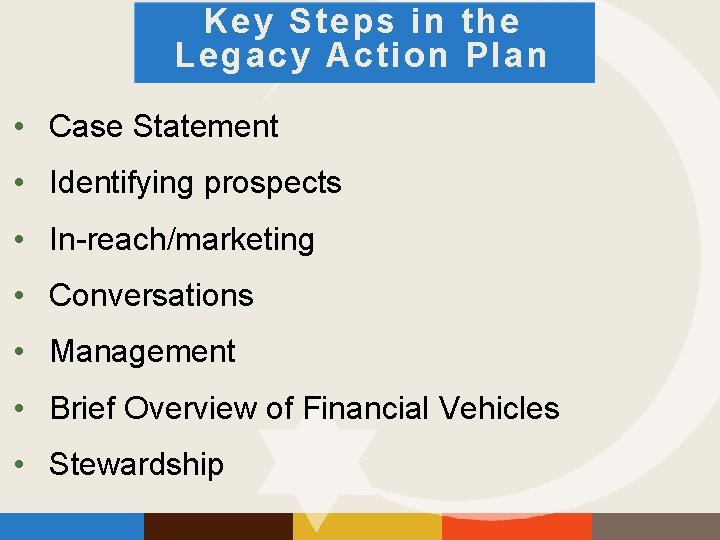 Key Steps in the Legacy Action Plan • Case Statement • Identifying prospects •