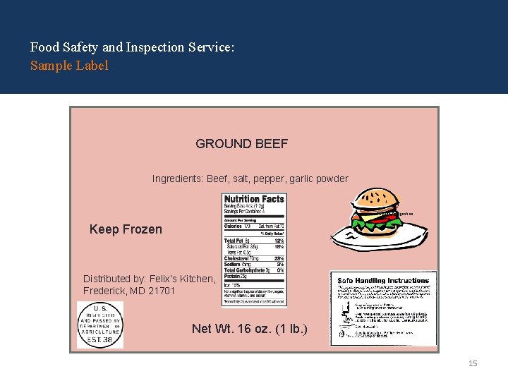 Food Safety and Inspection Service: Sample Label GROUND BEEF Ingredients: Beef, salt, pepper, garlic