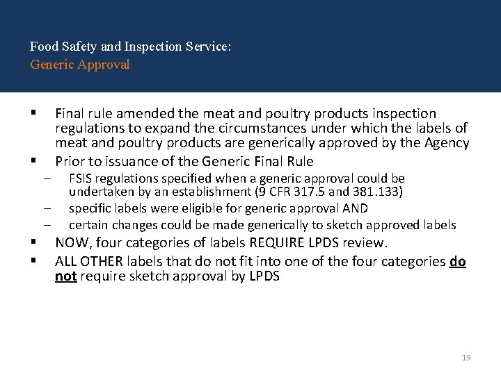 Food Safety and Inspection Service: Generic Approval § § – – – § §