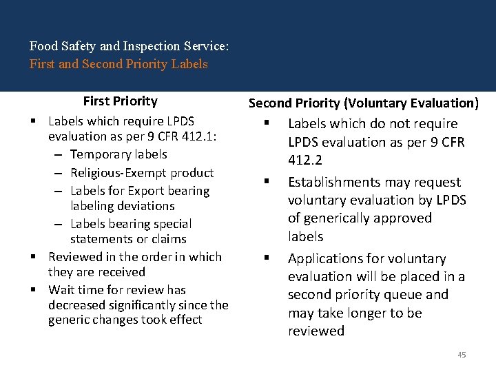 Food Safety and Inspection Service: First and Second Priority Labels First Priority § Labels