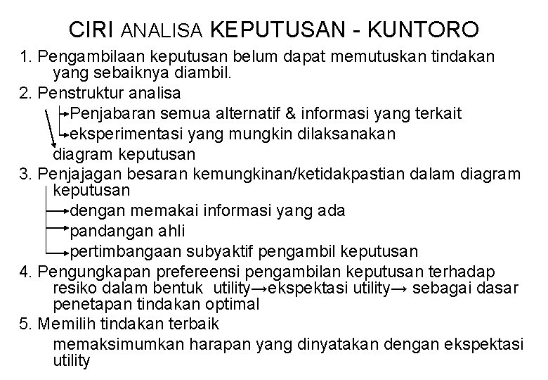 CIRI ANALISA KEPUTUSAN - KUNTORO 1. Pengambilaan keputusan belum dapat memutuskan tindakan yang sebaiknya