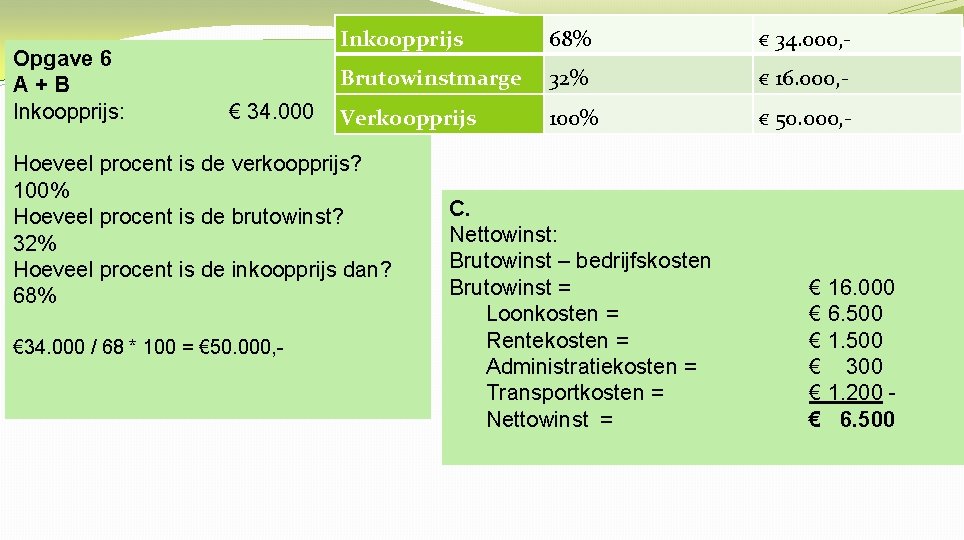 Opgave 6 A+B Inkoopprijs: € 34. 000 Inkoopprijs 68% € 34. 000, - Brutowinstmarge