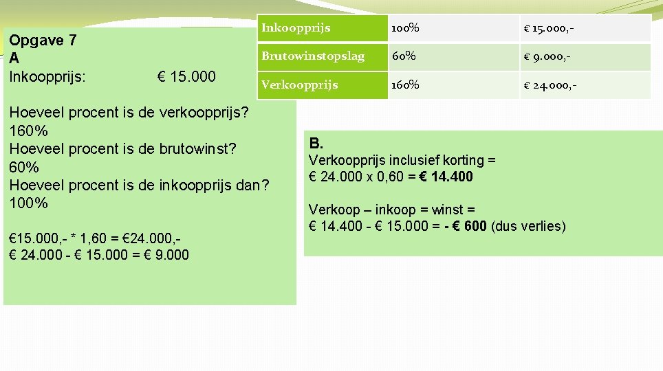 Opgave 7 A Inkoopprijs: € 15. 000 Inkoopprijs 100% € 15. 000, - Brutowinstopslag