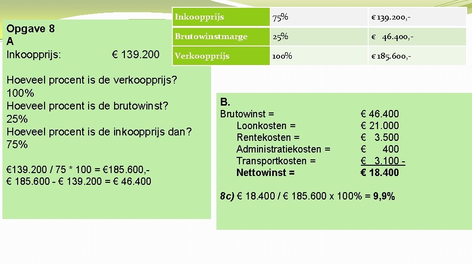 Opgave 8 A Inkoopprijs: € 139. 200 Inkoopprijs 75% € 139. 200, - Brutowinstmarge