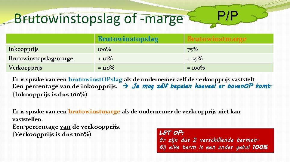 P/P Brutowinstopslag of -marge Brutowinstopslag Brutowinstmarge Inkoopprijs 100% 75% Brutowinstopslag/marge + 10% + 25%