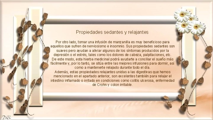 Propiedades sedantes y relajantes Por otro lado, tomar una infusión de manzanilla es muy