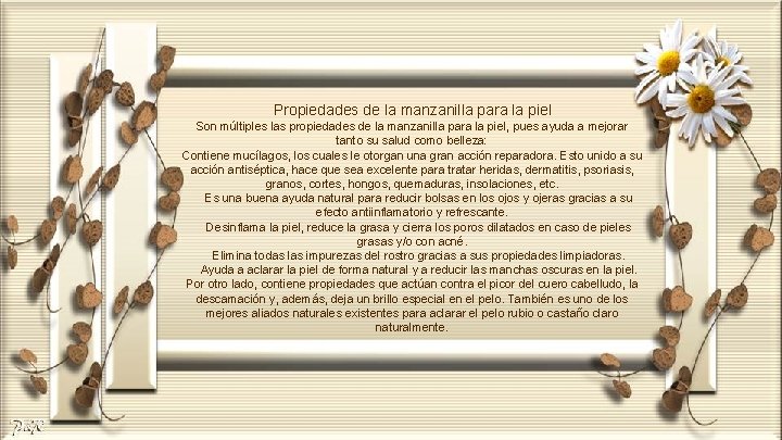 Propiedades de la manzanilla para la piel Son múltiples las propiedades de la manzanilla