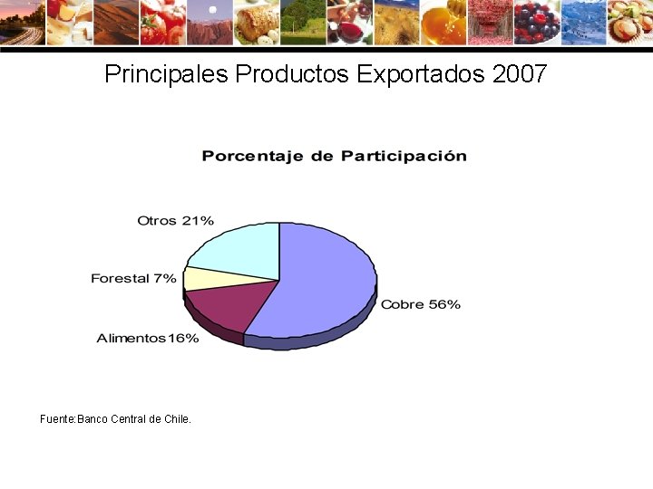 Principales Productos Exportados 2007 Fuente: Banco Central de Chile. 