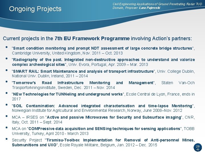 Ongoing Projects Civil Engineering Applications of Ground Penetrating Radar TUD Domain, Proposer: Lara Pajewski Ongoing Projects Civil Engineering Applications of Ground Penetrating Radar TUD Domain, Proposer: Lara Pajewski