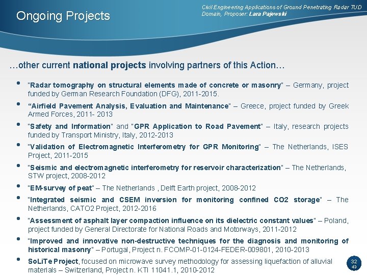 Ongoing Projects Civil Engineering Applications of Ground Penetrating Radar TUD Domain, Proposer: Lara Pajewski Ongoing Projects Civil Engineering Applications of Ground Penetrating Radar TUD Domain, Proposer: Lara Pajewski