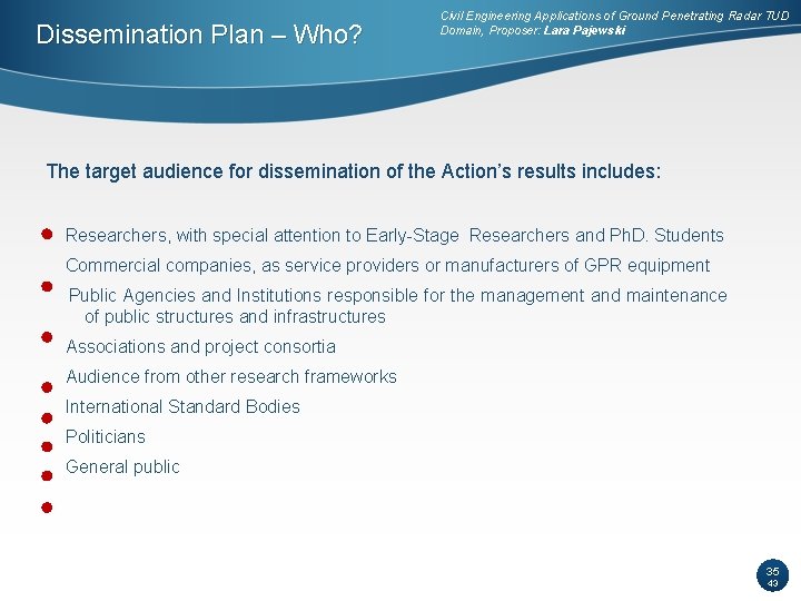 Dissemination Plan – Who? Civil Engineering Applications of Ground Penetrating Radar TUD Domain, Proposer: Dissemination Plan – Who? Civil Engineering Applications of Ground Penetrating Radar TUD Domain, Proposer: