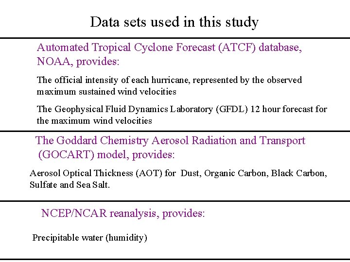 Data sets used in this study Automated Tropical Cyclone Forecast (ATCF) database, NOAA, provides: