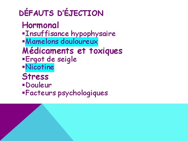 DÉFAUTS D’ÉJECTION Hormonal §Insuffisance hypophysaire §Mamelons douloureux Médicaments et toxiques §Ergot de seigle §Nicotine