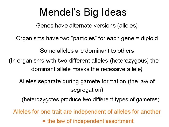 Mendel’s Big Ideas Genes have alternate versions (alleles) Organisms have two “particles” for each