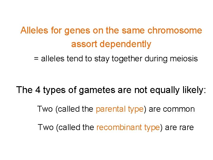 Alleles for genes on the same chromosome assort dependently = alleles tend to stay