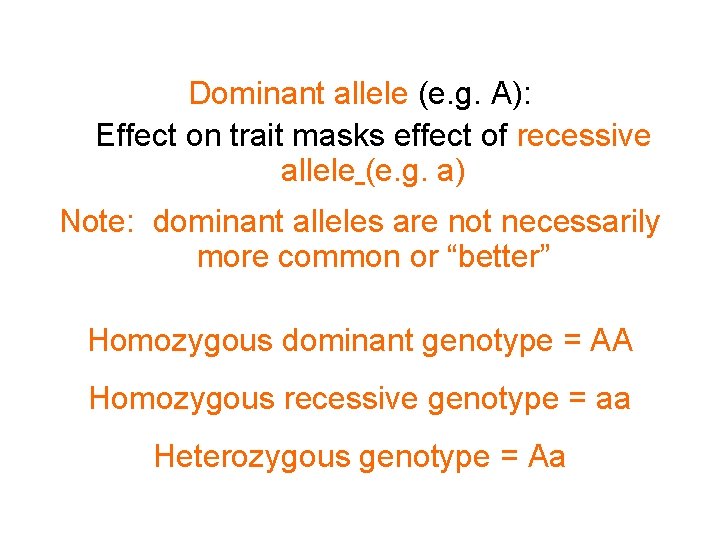 Dominant allele (e. g. A): Effect on trait masks effect of recessive allele (e.