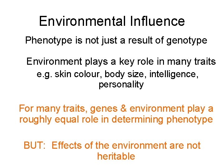 Environmental Influence Phenotype is not just a result of genotype Environment plays a key