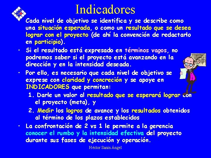 Indicadores • Cada nivel de objetivo se identifica y se describe como una situación