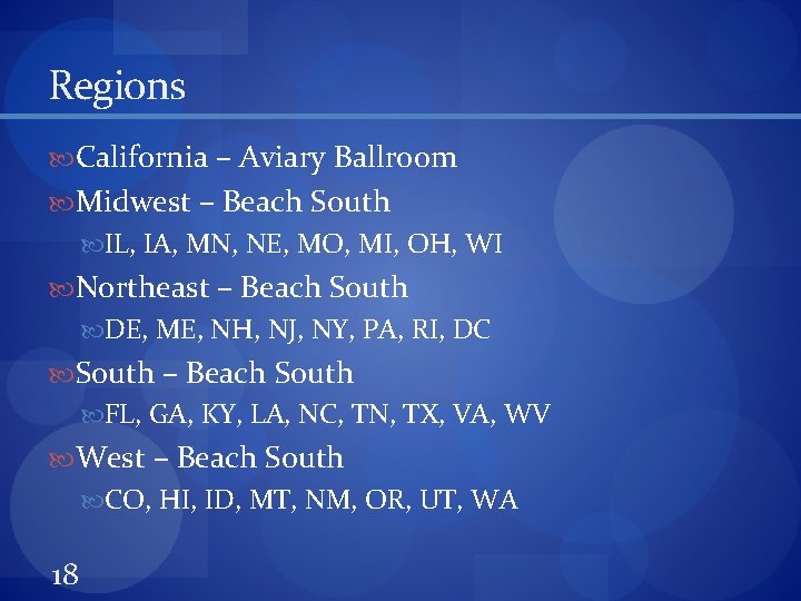 Regions California – Aviary Ballroom Midwest – Beach South IL, IA, MN, NE, MO,