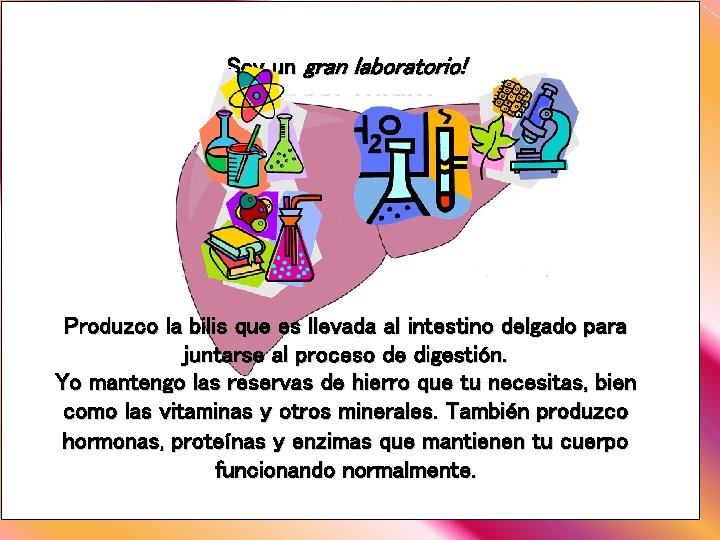 Soy un gran laboratorio! Produzco la bilis que es llevada al intestino delgado para Soy un gran laboratorio! Produzco la bilis que es llevada al intestino delgado para