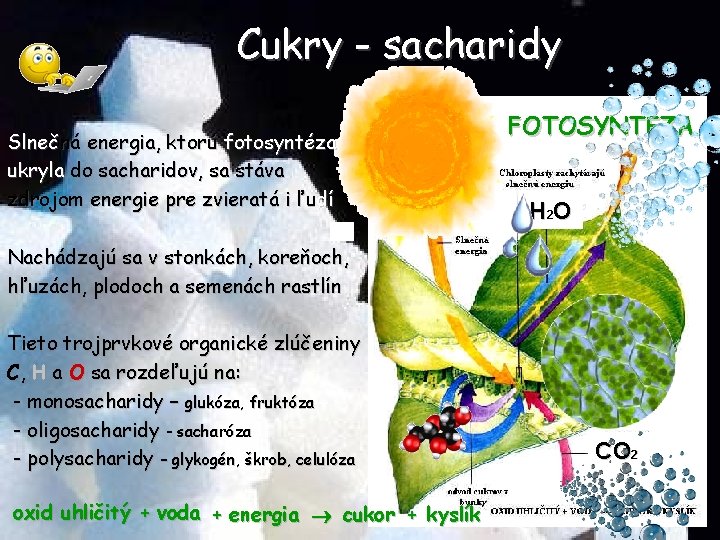Cukry - sacharidy Slnečná energia, ktorú fotosyntéza ukryla do sacharidov, sa stáva zdrojom energie