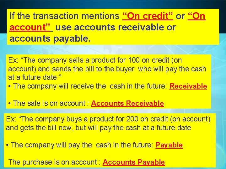 If the transaction mentions “On credit” or “On account” use accounts receivable or accounts