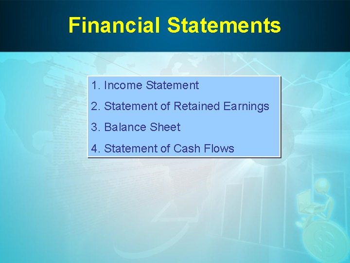Financial Statements 1. Income Statement 2. Statement of Retained Earnings 3. Balance Sheet 4.