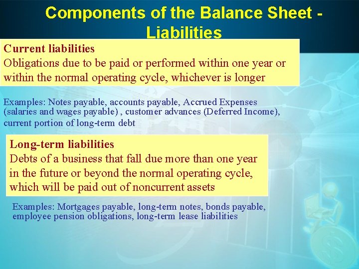 Components of the Balance Sheet Liabilities Current liabilities Obligations due to be paid or