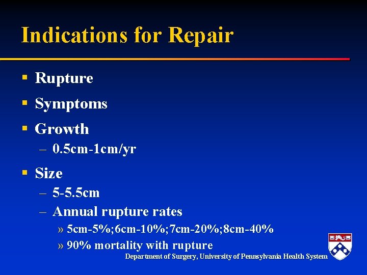 Indications for Repair § Rupture § Symptoms § Growth – 0. 5 cm-1 cm/yr