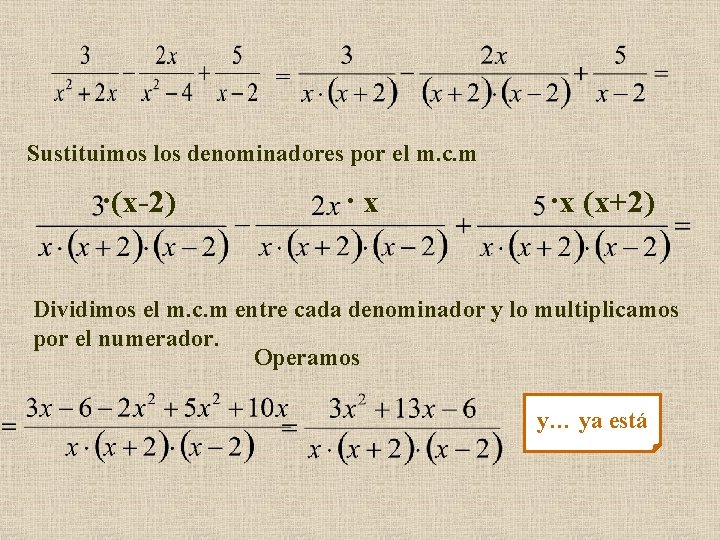 = Sustituimos los denominadores por el m. c. m ·(x-2) ·x ·x (x+2) Dividimos = Sustituimos los denominadores por el m. c. m ·(x-2) ·x ·x (x+2) Dividimos