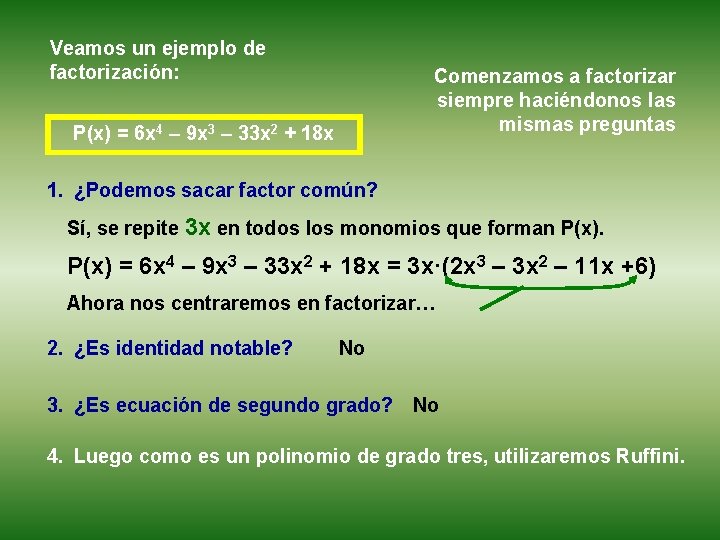 Veamos un ejemplo de factorización: Comenzamos a factorizar siempre haciéndonos las mismas preguntas P(x) Veamos un ejemplo de factorización: Comenzamos a factorizar siempre haciéndonos las mismas preguntas P(x)