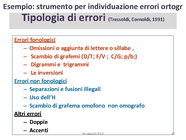 Esempio: strumento per individuazione errori ortogr Tipologia di errori (Tressoldi, Cornoldi, 1991) Errori fonologici