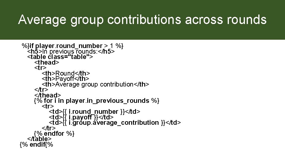 Average group contributions across rounds %}if player. round_number > 1 %} <h 5>In previous