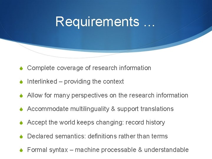 Requirements … S Complete coverage of research information S Interlinked – providing the context Requirements … S Complete coverage of research information S Interlinked – providing the context