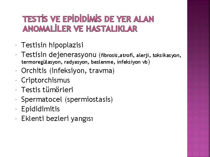 TESTİS VE EPİDİDİMİS DE YER ALAN ANOMALİLER VE HASTALIKLAR Testisin hipoplazisi Testisin dejenerasyonu (fibrosis,