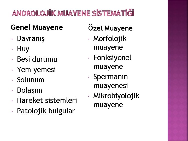 ANDROLOJİK MUAYENE SİSTEMATİĞİ Genel Muayene Davranış Huy Besi durumu Yem yemesi Solunum Dolaşım Hareket