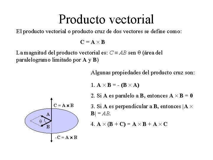 Producto vectorial El producto vectorial o producto cruz de dos vectores se define como: