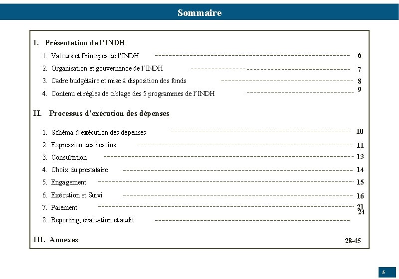 Sommaire I. Présentation de l’INDH 1. Valeurs et Principes de l’INDH 6 2. Organisation