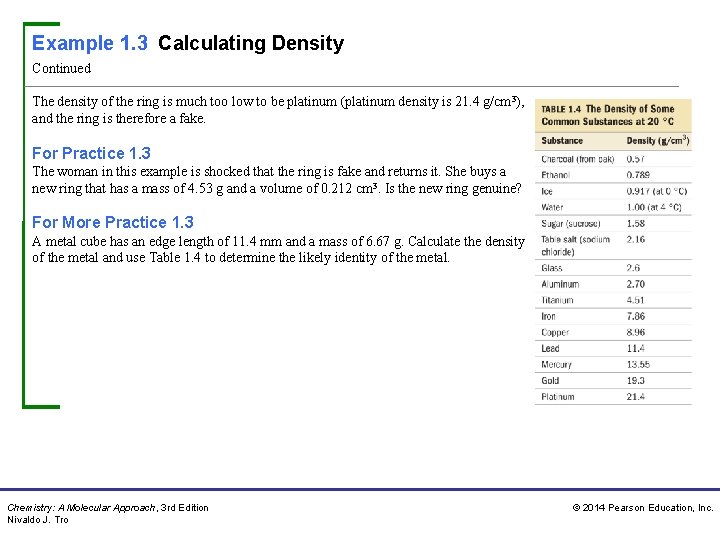 Example 1. 3 Calculating Density Continued The density of the ring is much too Example 1. 3 Calculating Density Continued The density of the ring is much too