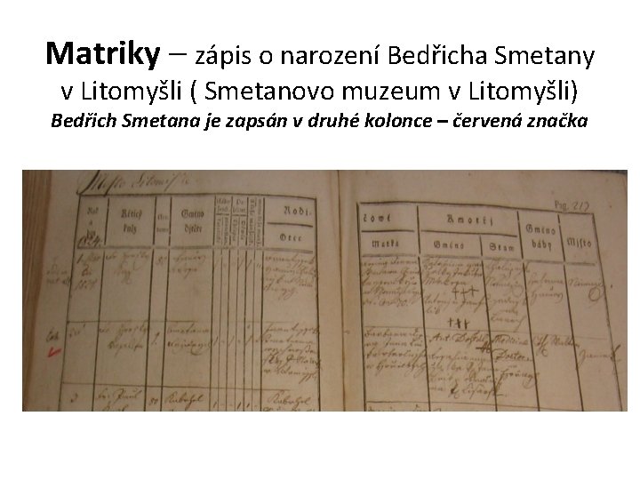Matriky – zápis o narození Bedřicha Smetany v Litomyšli ( Smetanovo muzeum v Litomyšli)