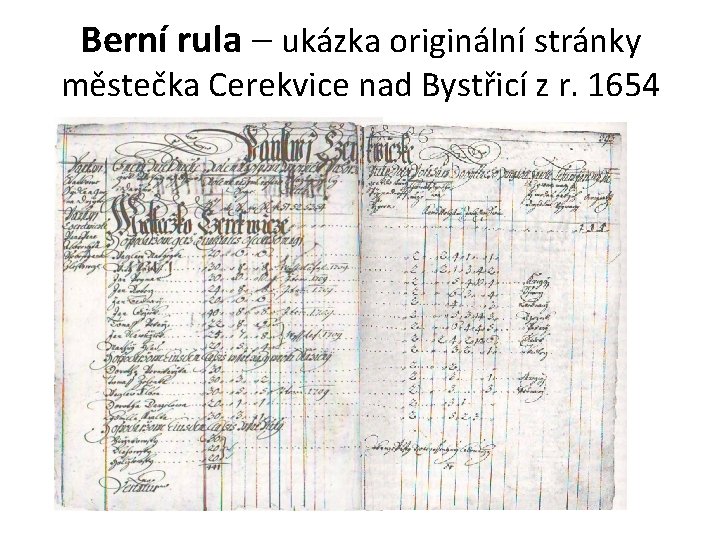 Berní rula – ukázka originální stránky městečka Cerekvice nad Bystřicí z r. 1654 