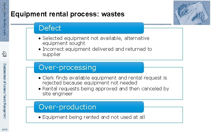 2 7 Equipment rental process: wastes Defect • Selected equipment not available, alternative equipment