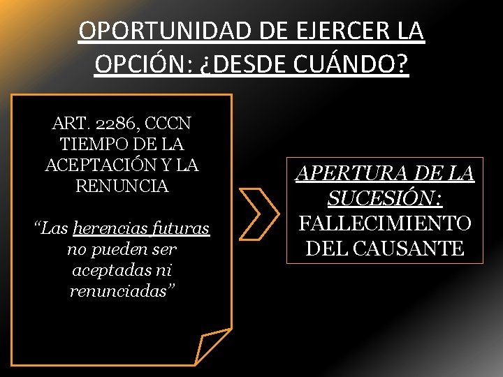 OPORTUNIDAD DE EJERCER LA OPCIÓN: ¿DESDE CUÁNDO? ART. 2286, CCCN TIEMPO DE LA ACEPTACIÓN