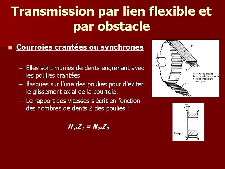 Transmission par lien flexible et par obstacle n Courroies crantées ou synchrones – Elles Transmission par lien flexible et par obstacle n Courroies crantées ou synchrones – Elles
